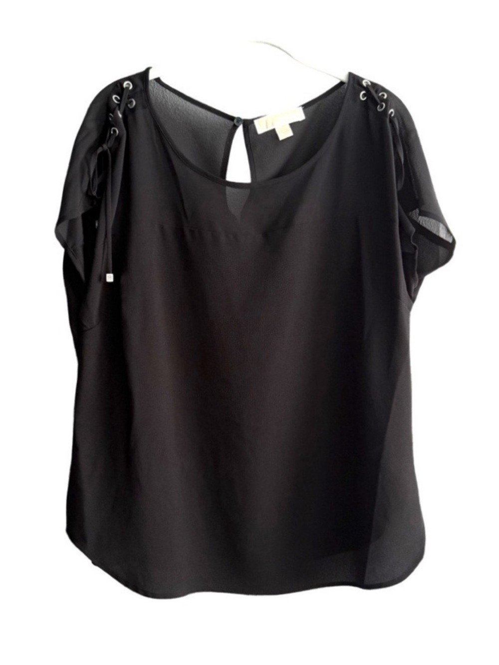 Michael Kors Sheer Split Sleeve Lace-up Shoulder Blouse Black Silver Size M